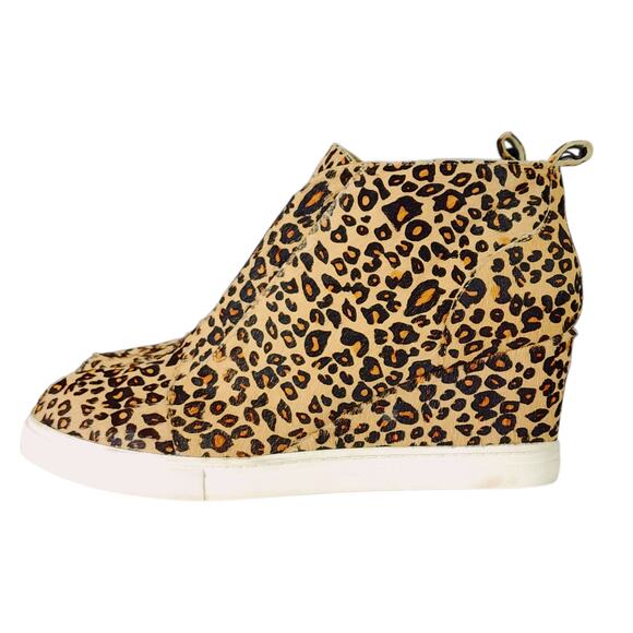 Linea Paolo Wedge Sneakers sz 9M Women Leopard‎ Print Fur Calf Hair Beige Orange - Picture 3 of 12